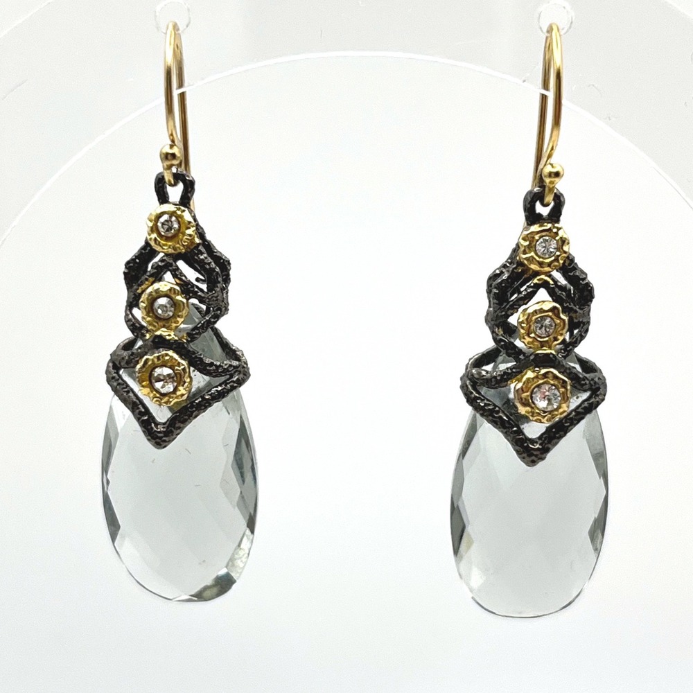 Artisanal Oxidized Sterling Silver Gold Filled Crystal Drop Earrings Mixed Metal